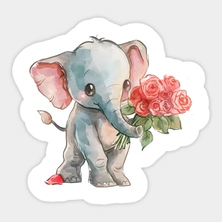 Valentine Elephant Giving Flowers Sticker